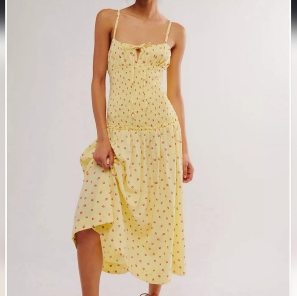 Free People, New, Lavender Daze Strawberry Lemon Smocked Midi Dress, Size Small - Picture 1 of 14